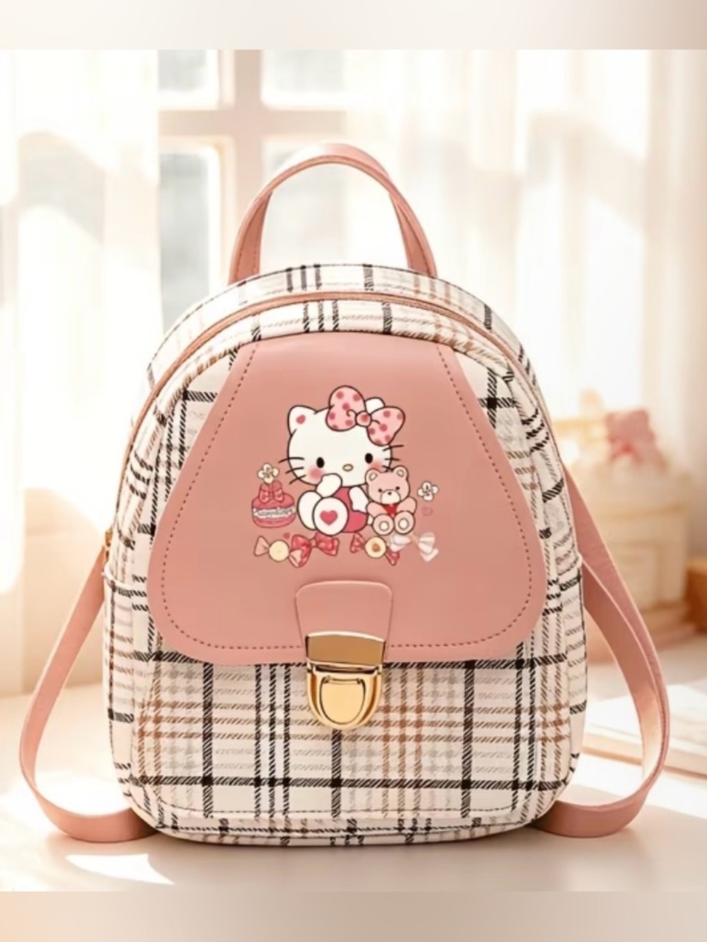 Hello Kitty Pink Plaid Mini Backpack with Character Print